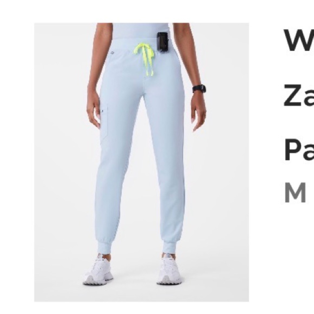 Figs Women's Light Blue Joggers with Neon Yellow Drawstring